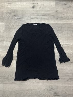 Shawn Ray Fons 100% Silk Black Crinkle Blouse Sz 10 V Neck Sheer Long Sleeve